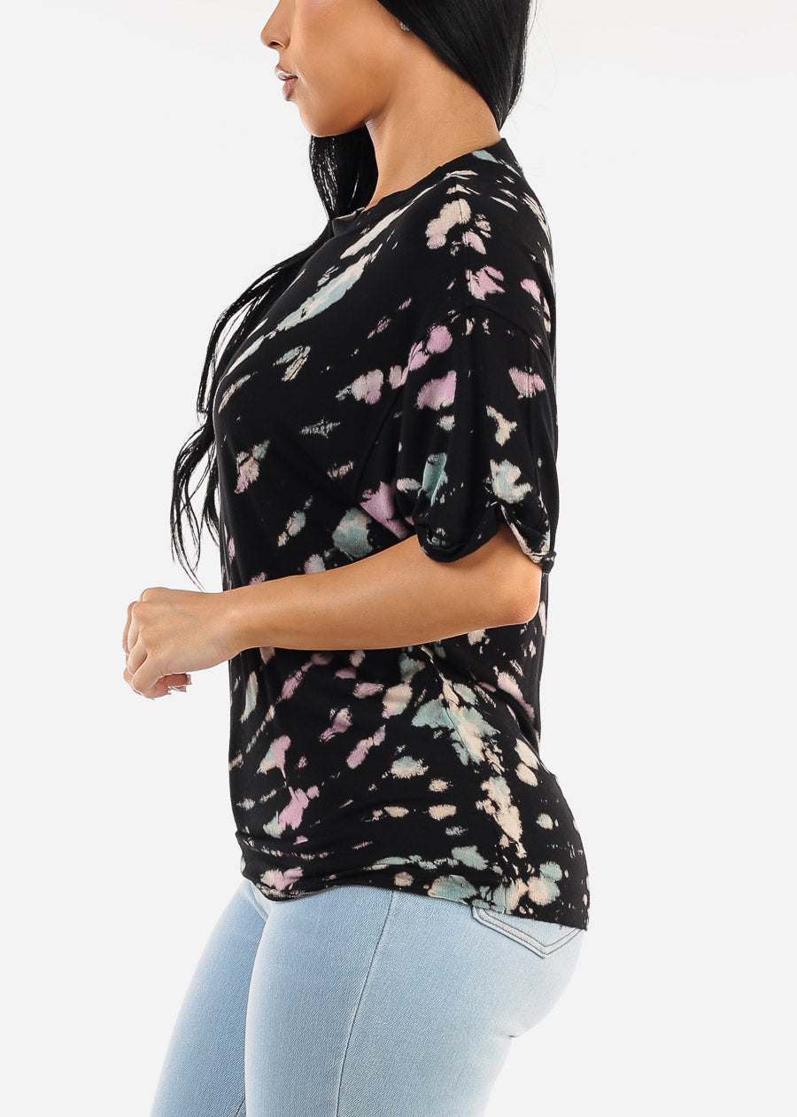 Cuffed Short Sleeve Tie Dye Top Black