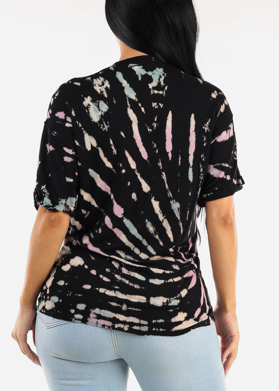 Cuffed Short Sleeve Tie Dye Top Black