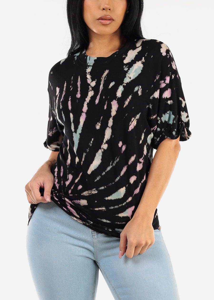 Cuffed Short Sleeve Tie Dye Top Black