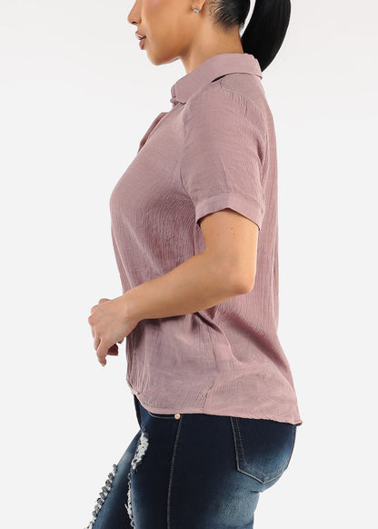 Casual Short Sleeve High Low Collared Top Light Mauve