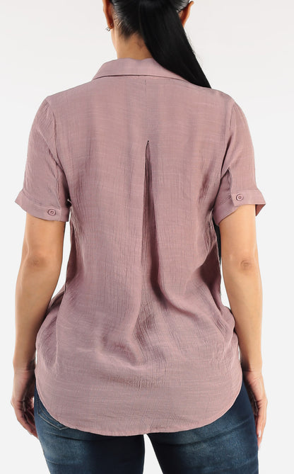 Casual Short Sleeve High Low Collared Top Light Mauve