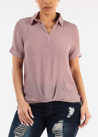 Casual Short Sleeve High Low Collared Top Light Mauve