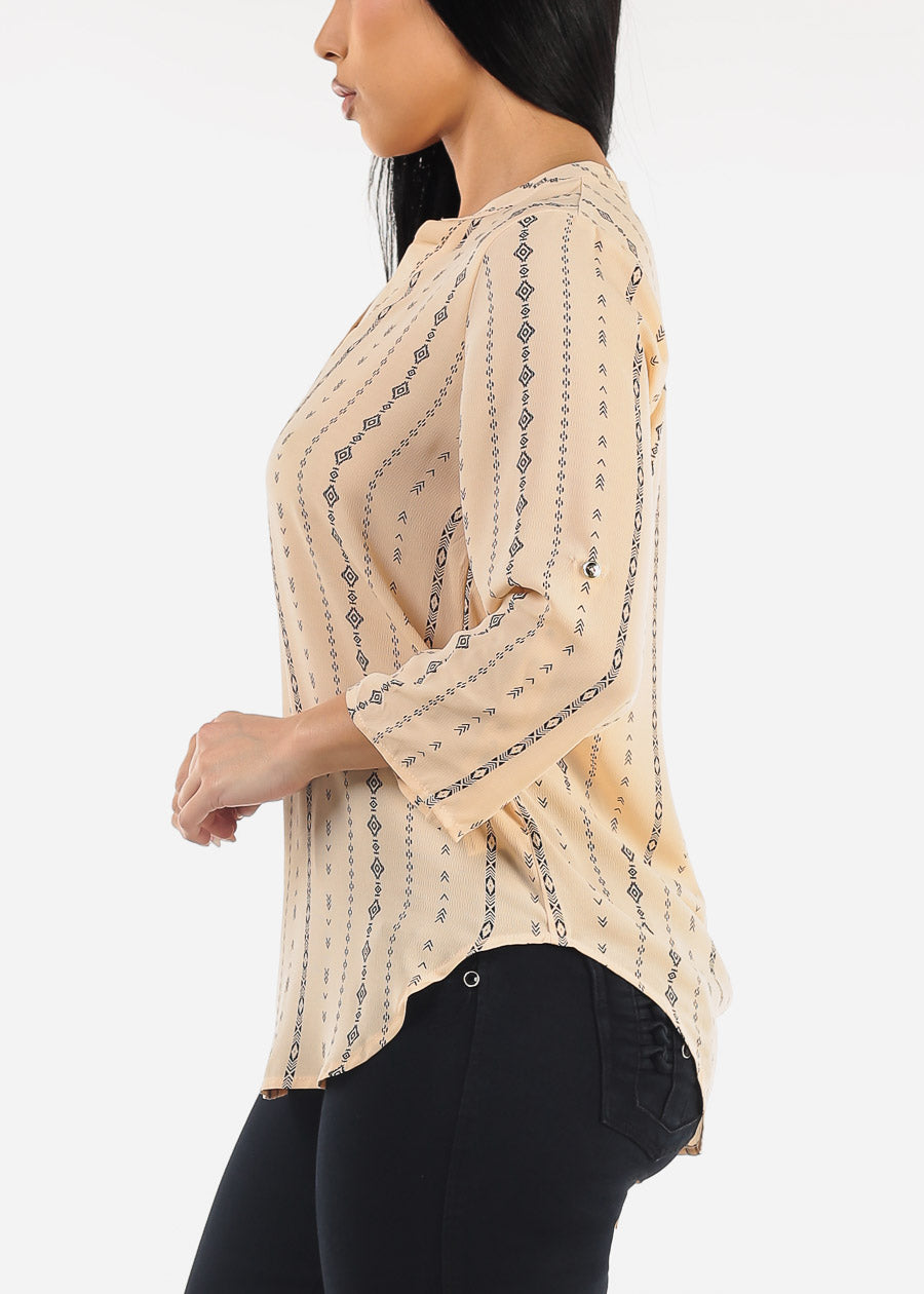 Quarter Sleeve Vneck Printed Blouse Beige