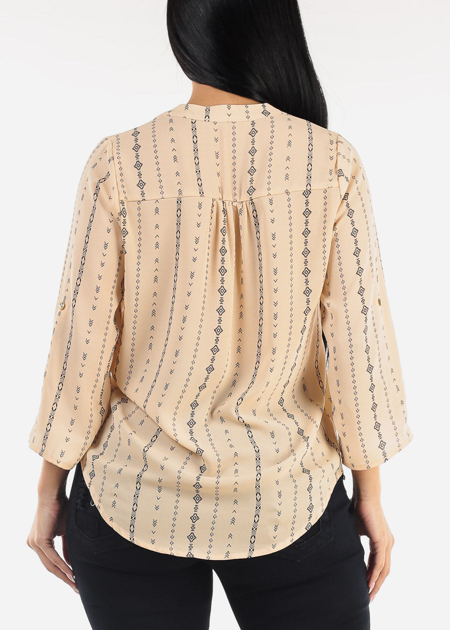 Quarter Sleeve Vneck Printed Blouse Beige