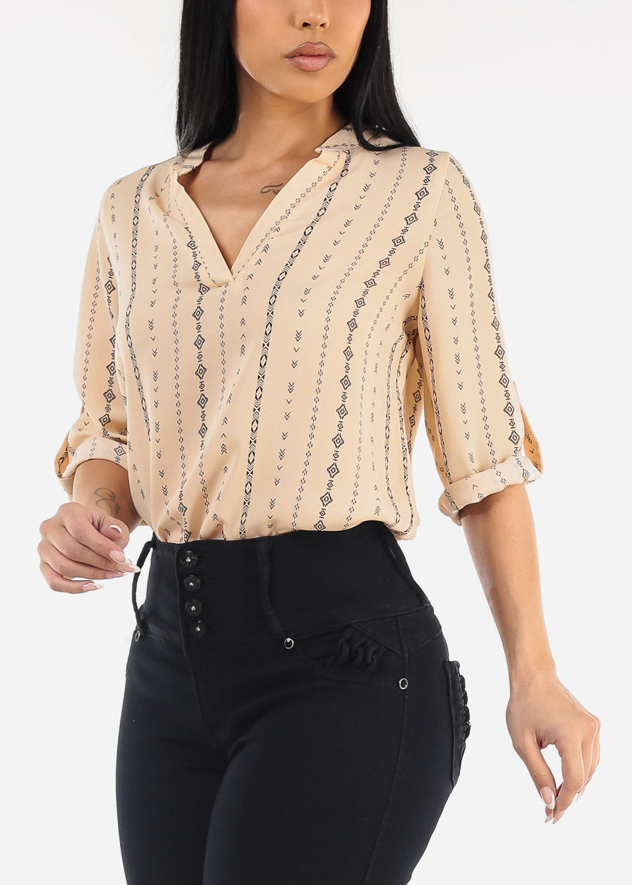 Quarter Sleeve Vneck Printed Blouse Beige