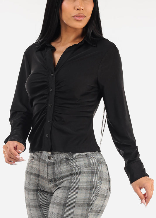 Long Sleeve Stretch Ruched Button Up Blouse Black