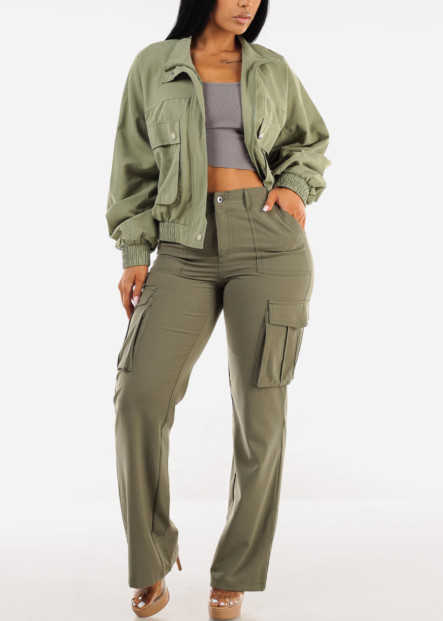 Super High Waist Straight Wide Leg Cargo Pants Olive