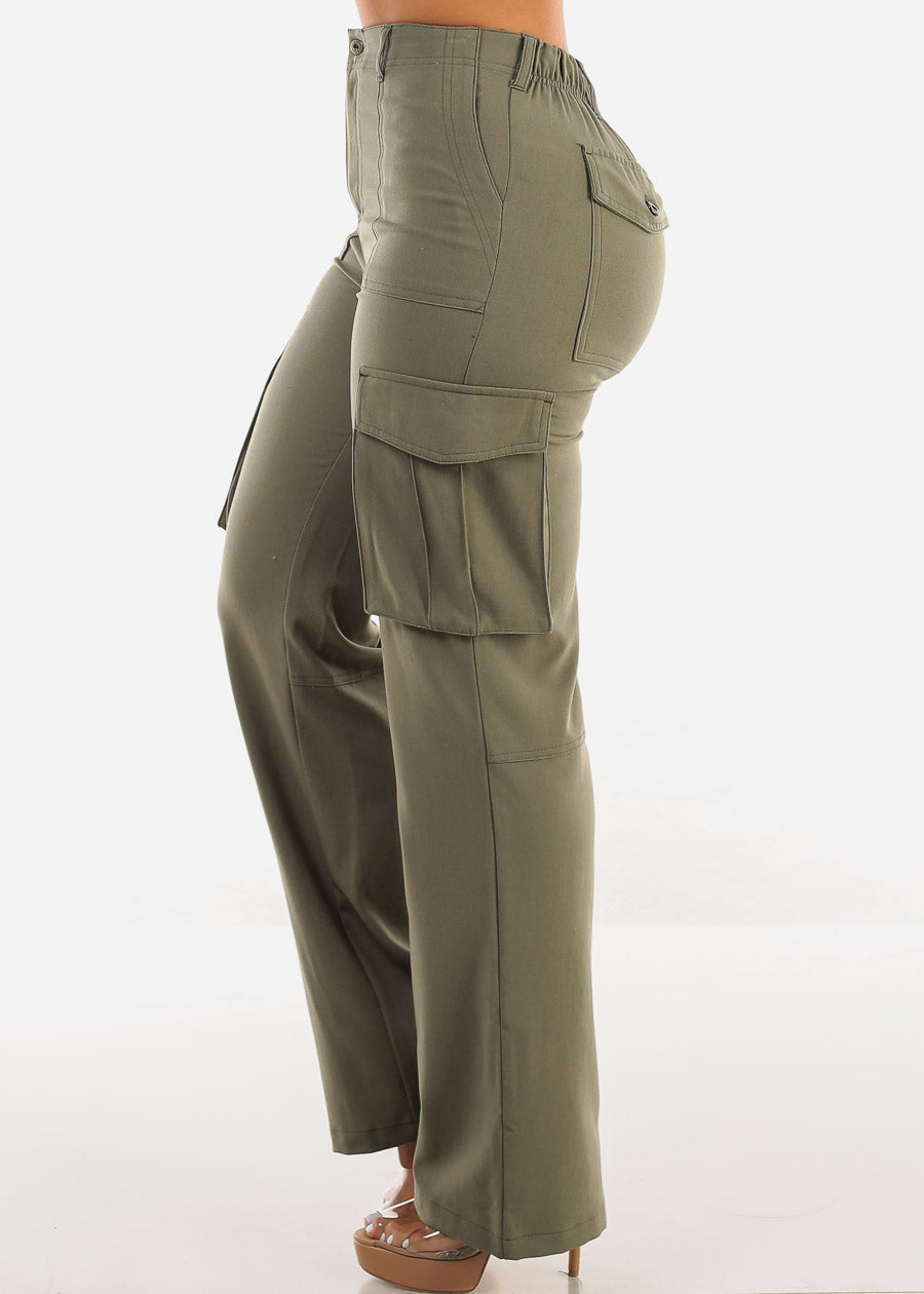 Super High Waist Straight Wide Leg Cargo Pants Olive