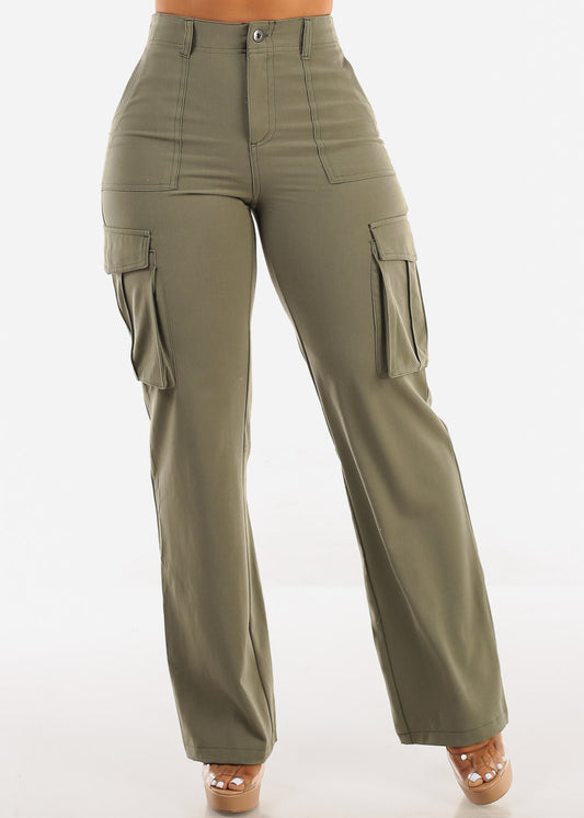 Super High Waist Straight Wide Leg Cargo Pants Olive