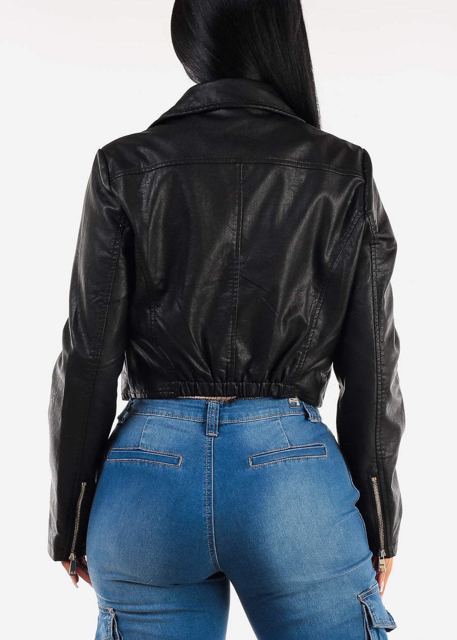 Long Sleeve Vegan Leather Crop Moto Jacket Black