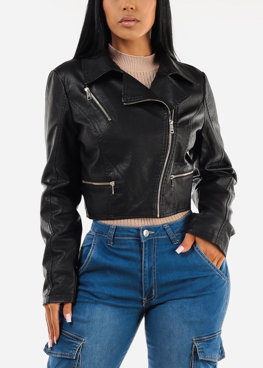 Long Sleeve Vegan Leather Crop Moto Jacket Black