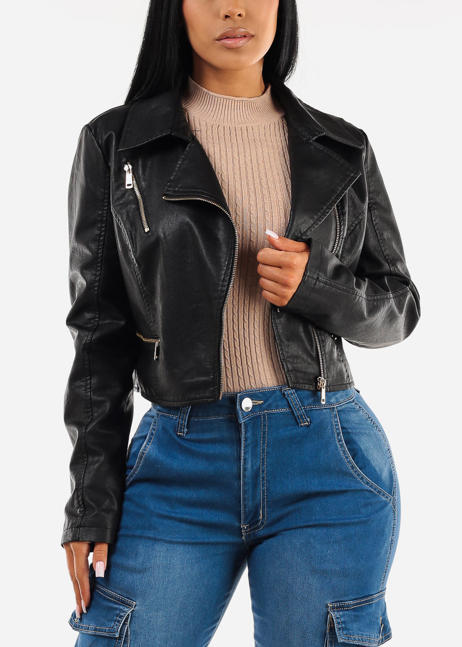 Long Sleeve Vegan Leather Crop Moto Jacket Black