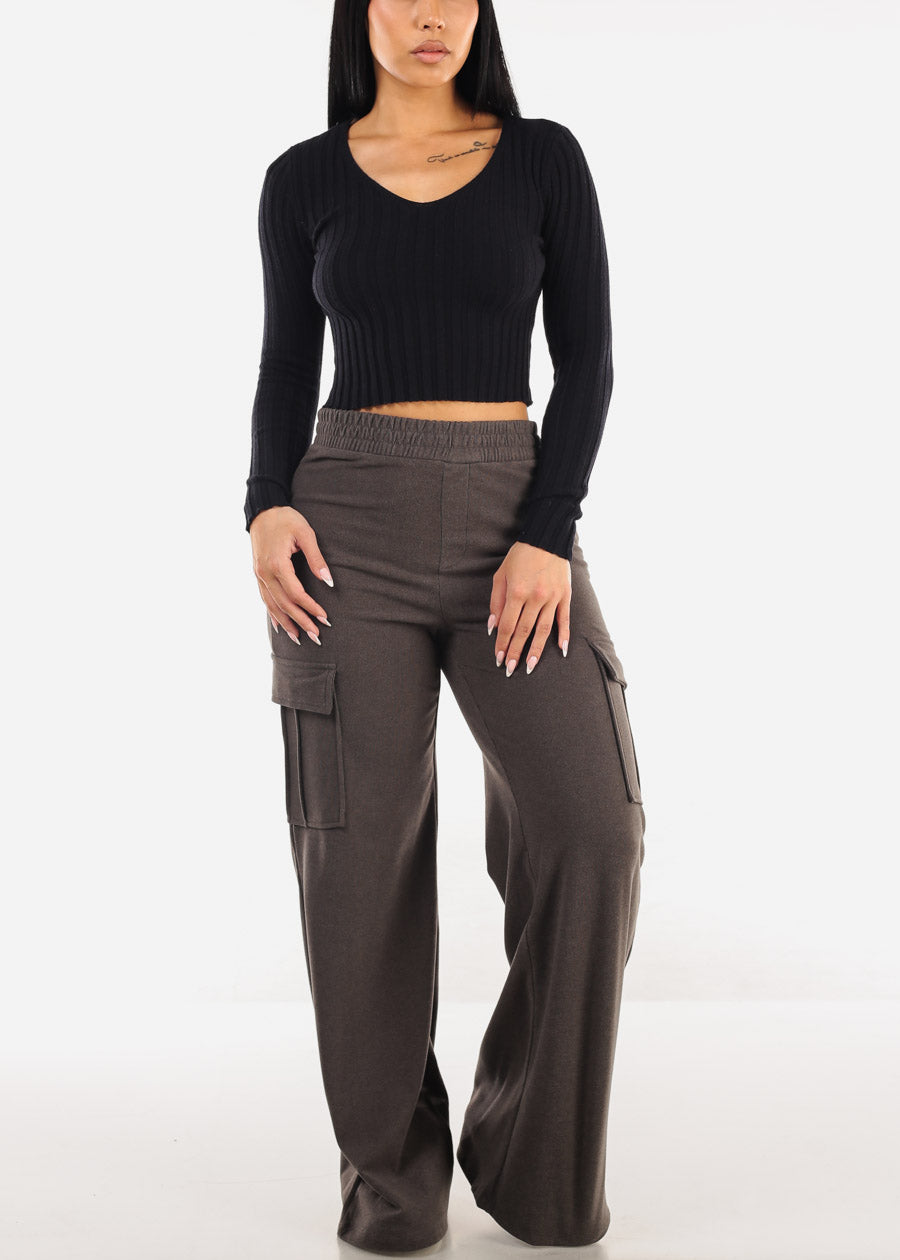 High Waist Flared Soft Cargo Pants Faded Black