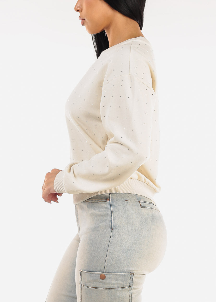 Cream Long Sleeve Crewneck Rhinestone Sweatshirt