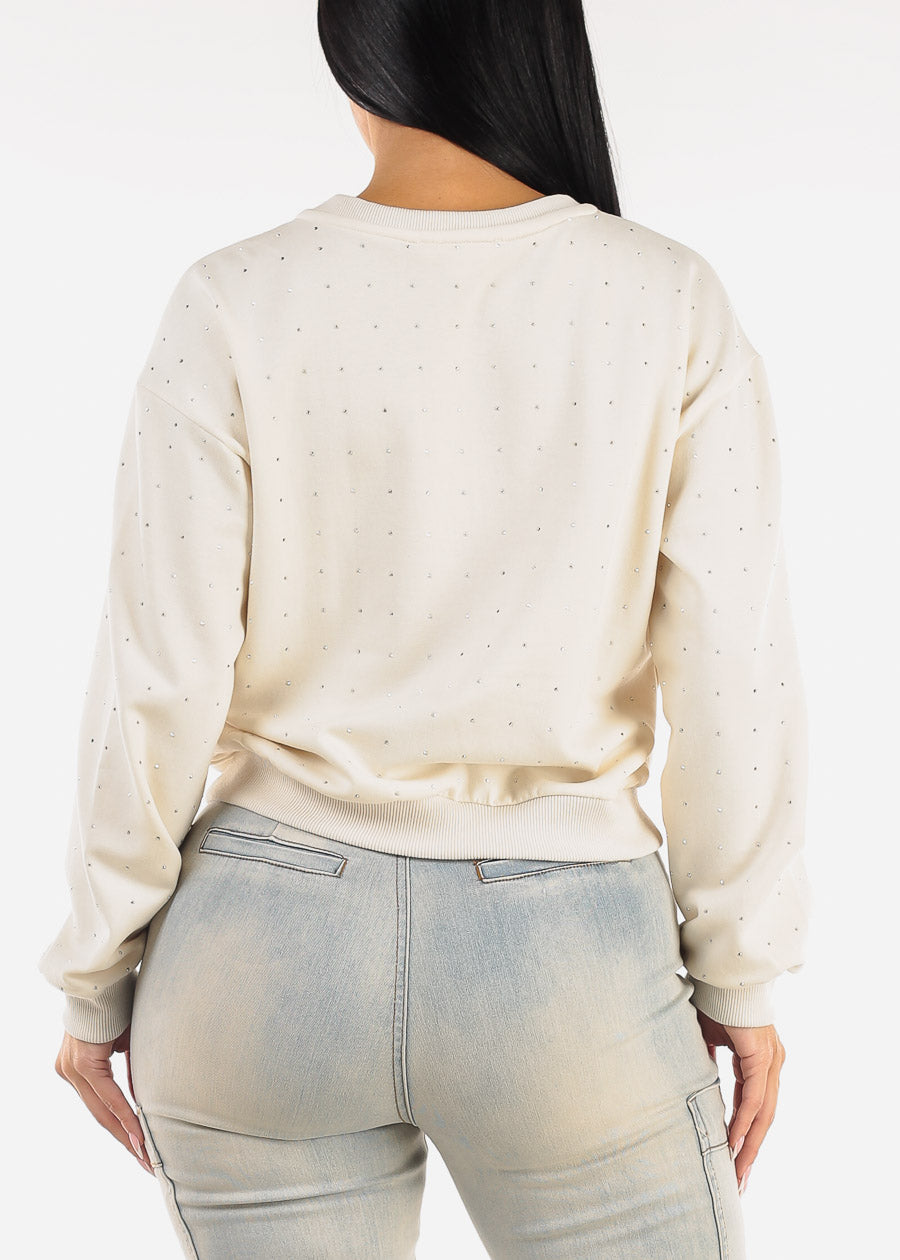 Cream Long Sleeve Crewneck Rhinestone Sweatshirt