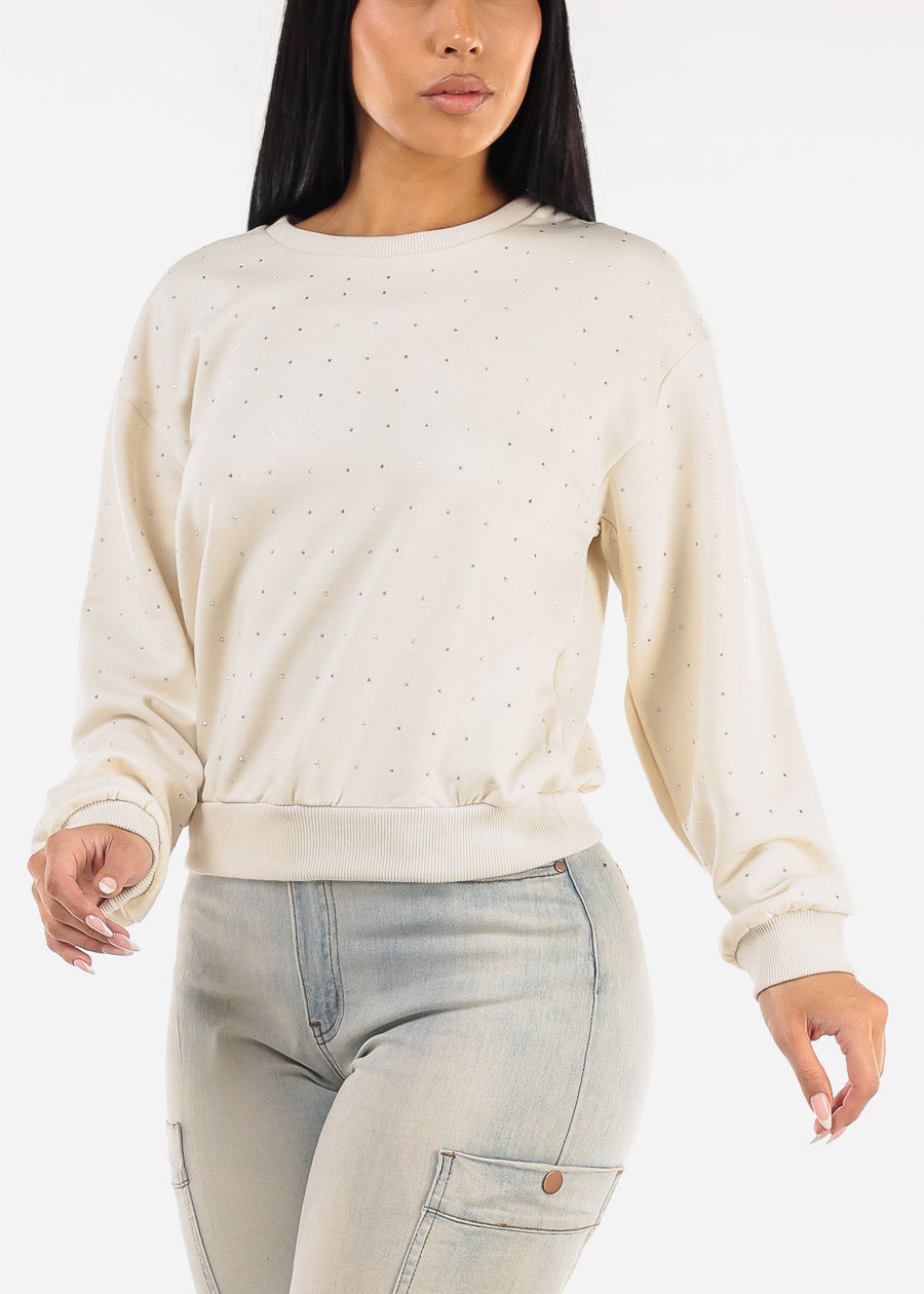 Cream Long Sleeve Crewneck Rhinestone Sweatshirt