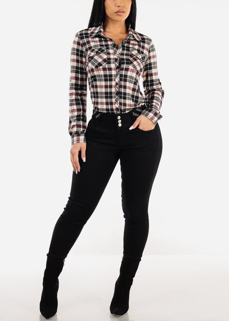 Long Sleeve Button Up Plaid Shirt Black