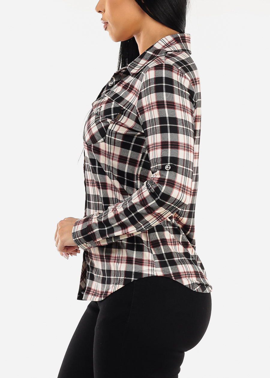 Long Sleeve Button Up Plaid Shirt Black