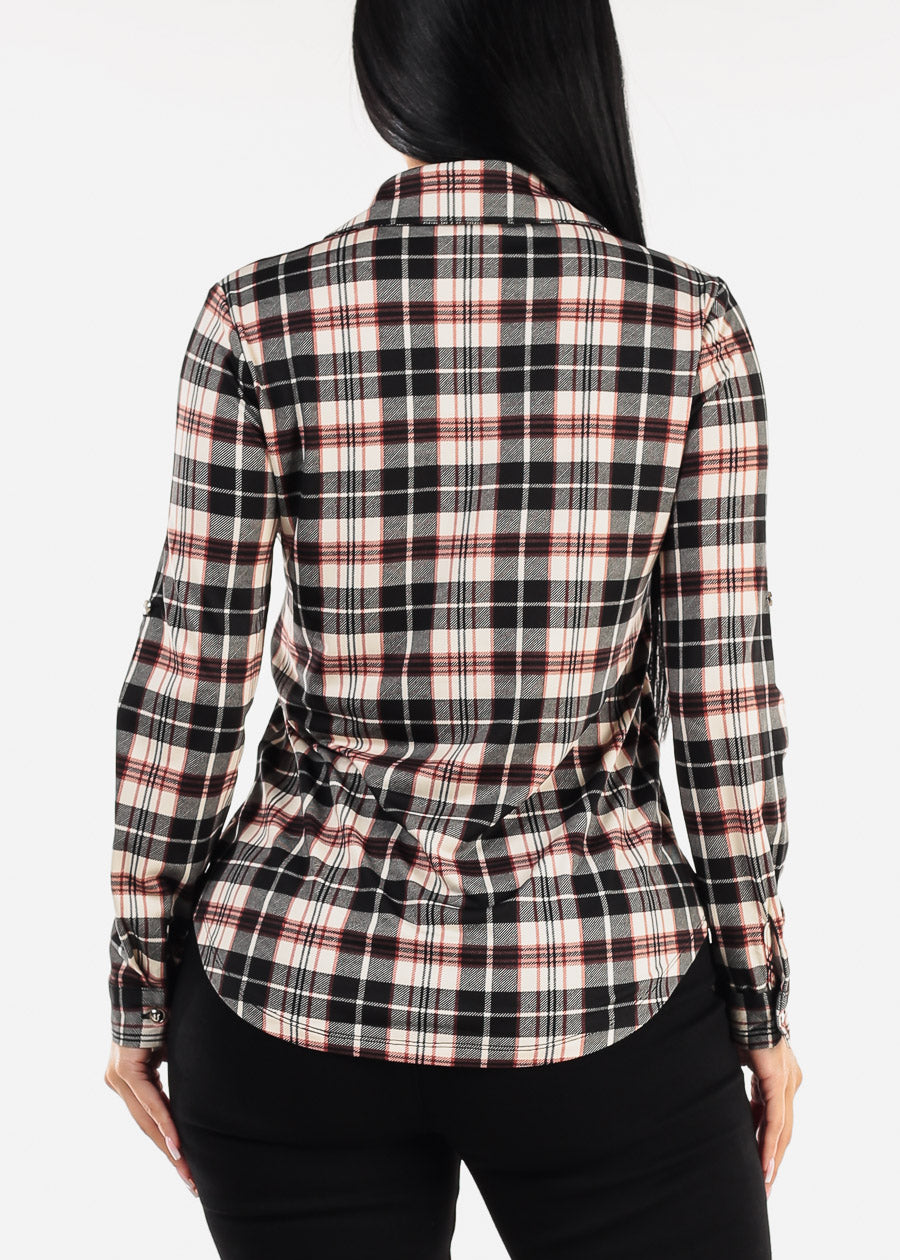 Long Sleeve Button Up Plaid Shirt Black