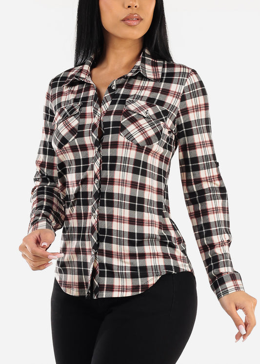 Long Sleeve Button Up Plaid Shirt Black