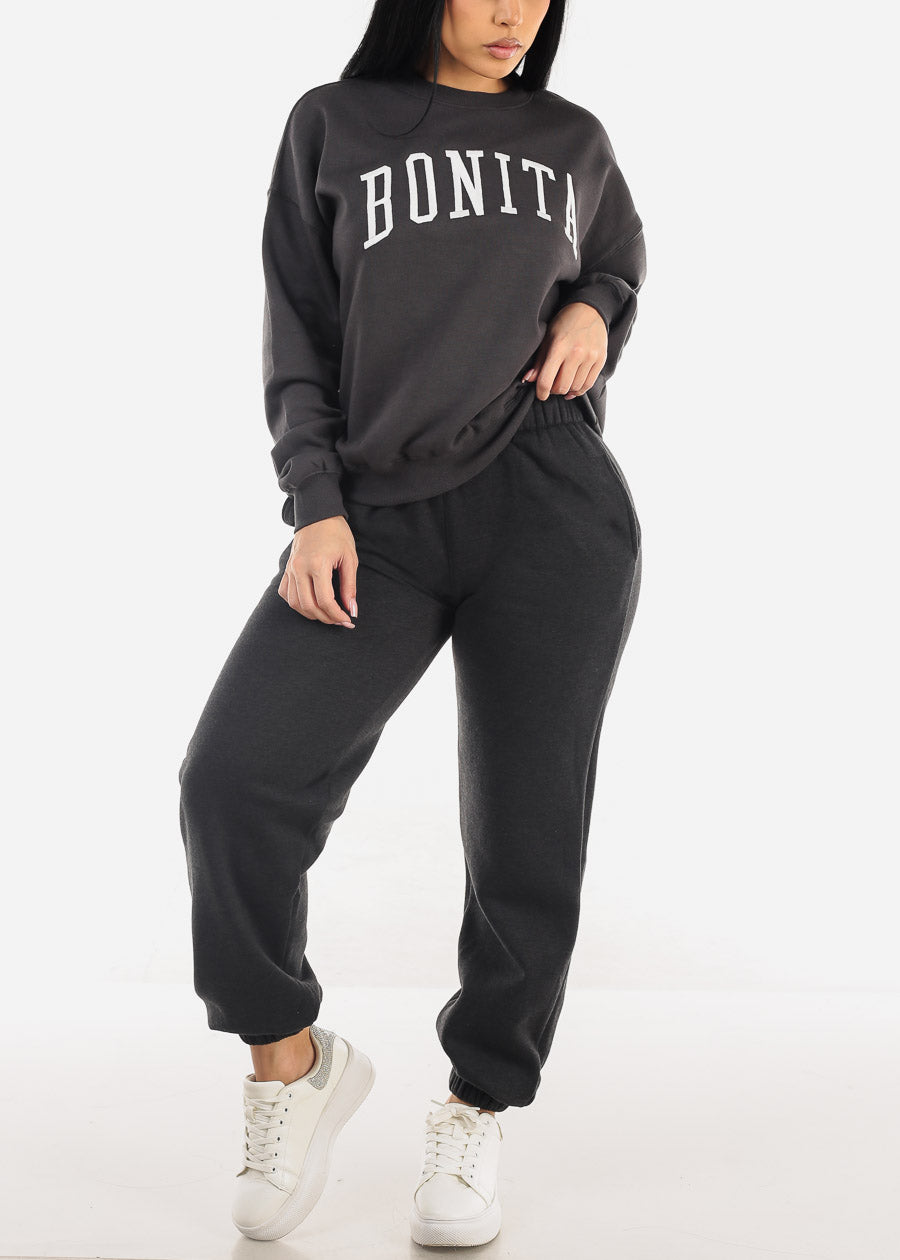 High Waisted Fleece Jogger Pants Charcoal