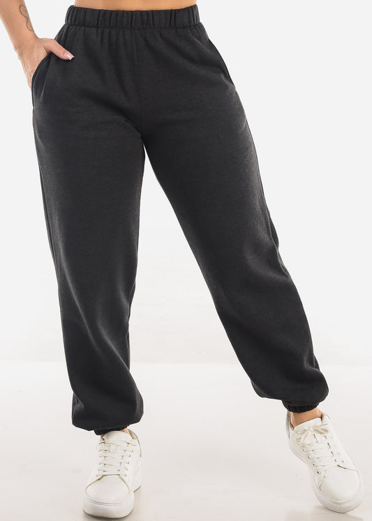 High Waisted Fleece Jogger Pants Charcoal