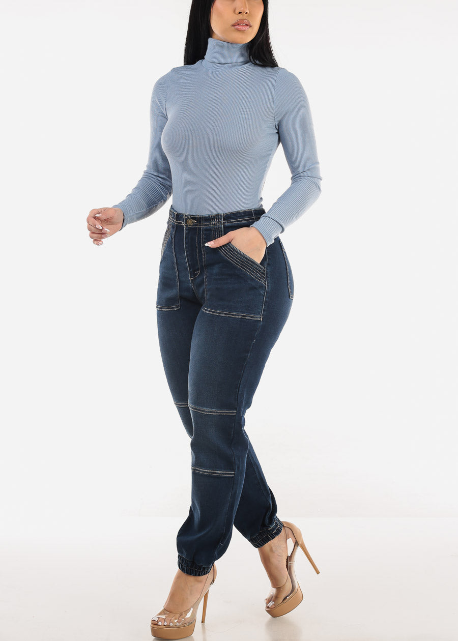 Turtleneck Long Sleeve Sweater Bodysuit Light Blue