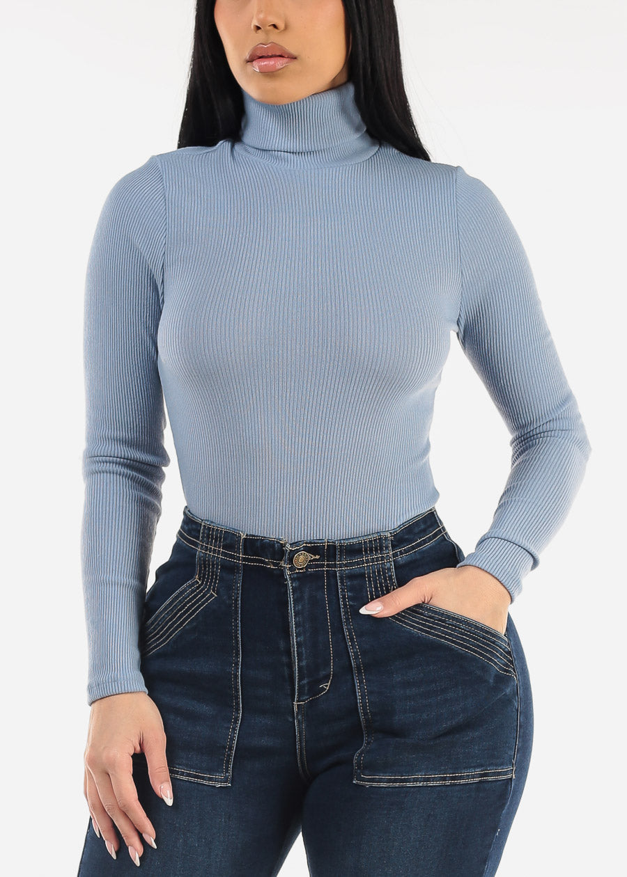 Turtleneck Long Sleeve Sweater Bodysuit Light Blue