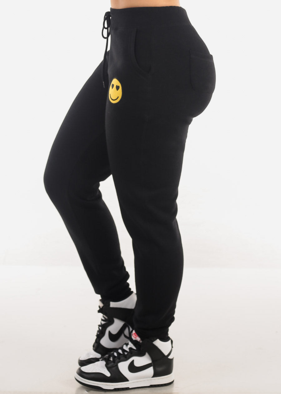 Black Drawstring Waist Fleece Jogger Pants