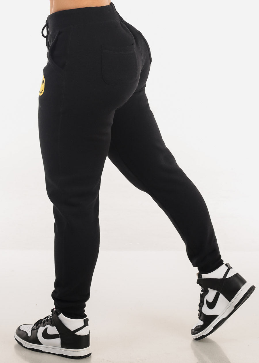 Black Drawstring Waist Fleece Jogger Pants