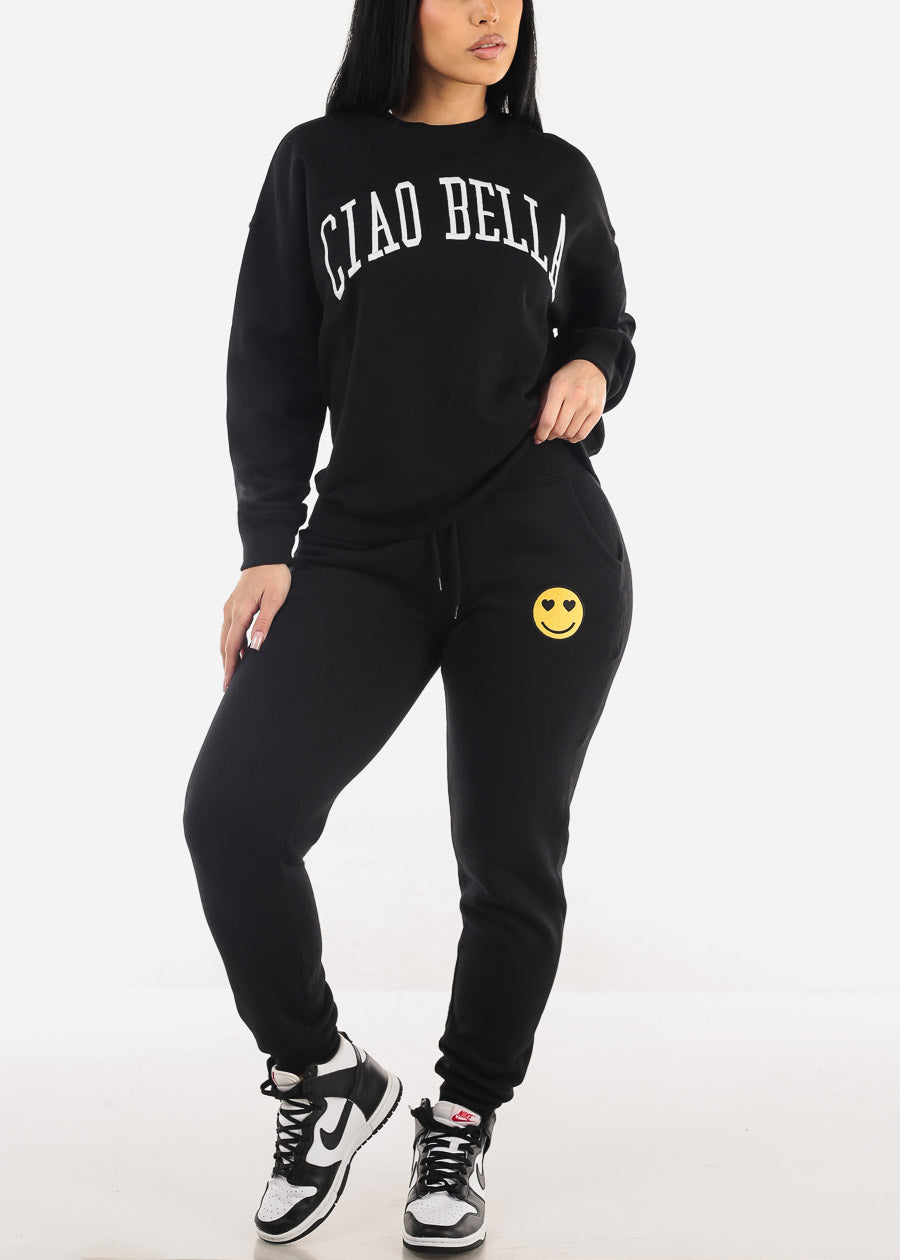 Black Drawstring Waist Fleece Jogger Pants