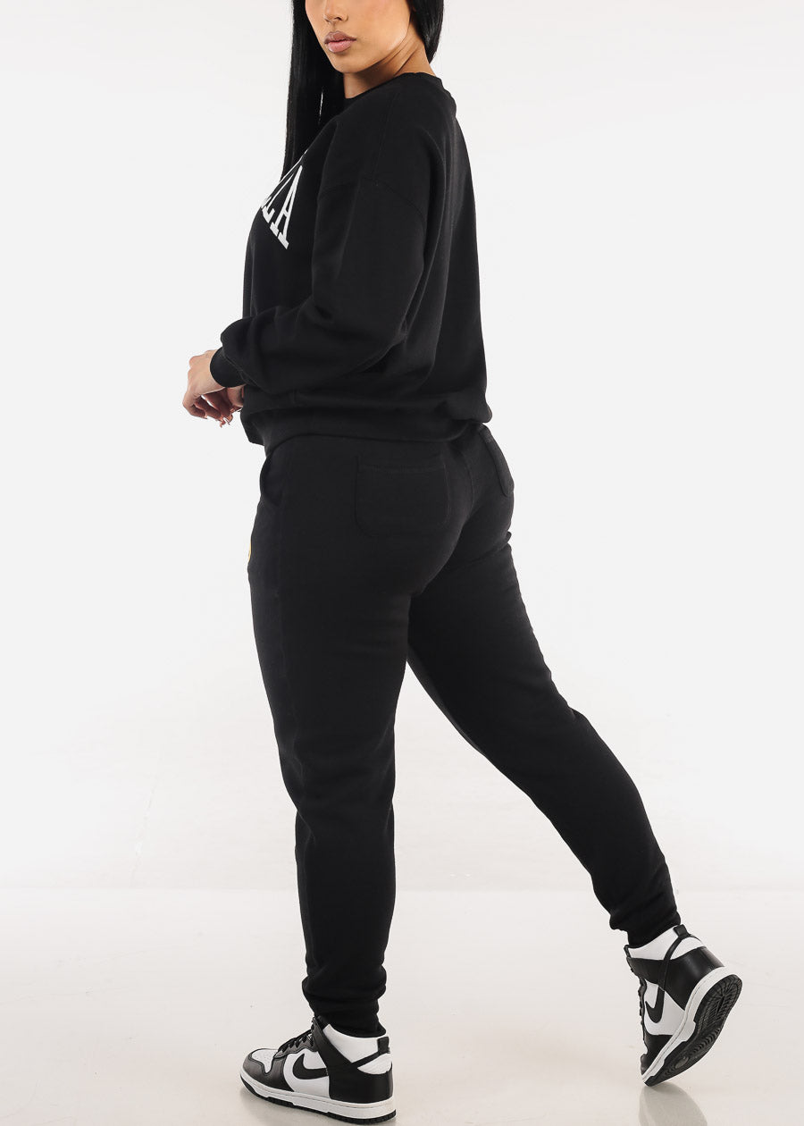 Black Drawstring Waist Fleece Jogger Pants