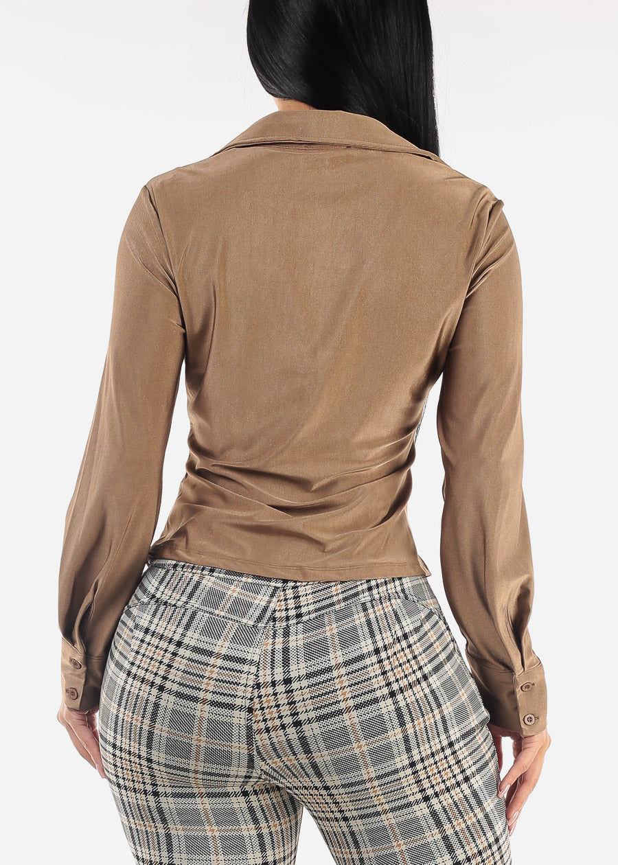 Long Sleeve Stretch Ruched Button Up Blouse Bronze