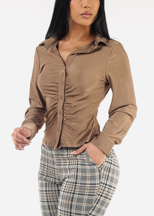 Long Sleeve Stretch Ruched Button Up Blouse Bronze