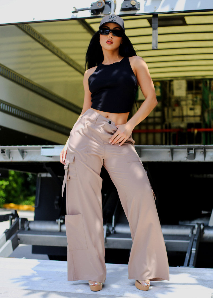 High Waisted Wide Leg Cargo Pants Taupe