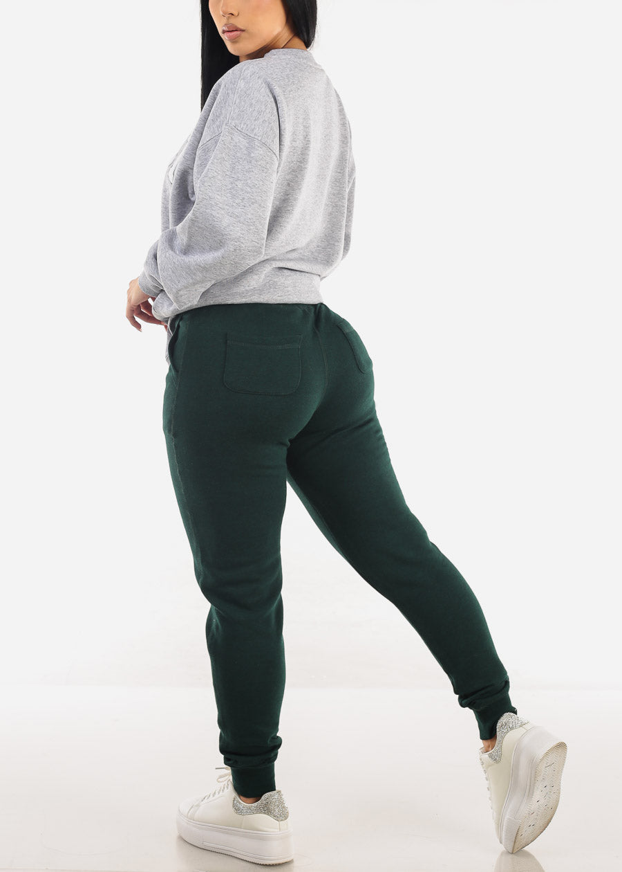 High Waist Fleece Jogger Pants Hunter Green w Pockets