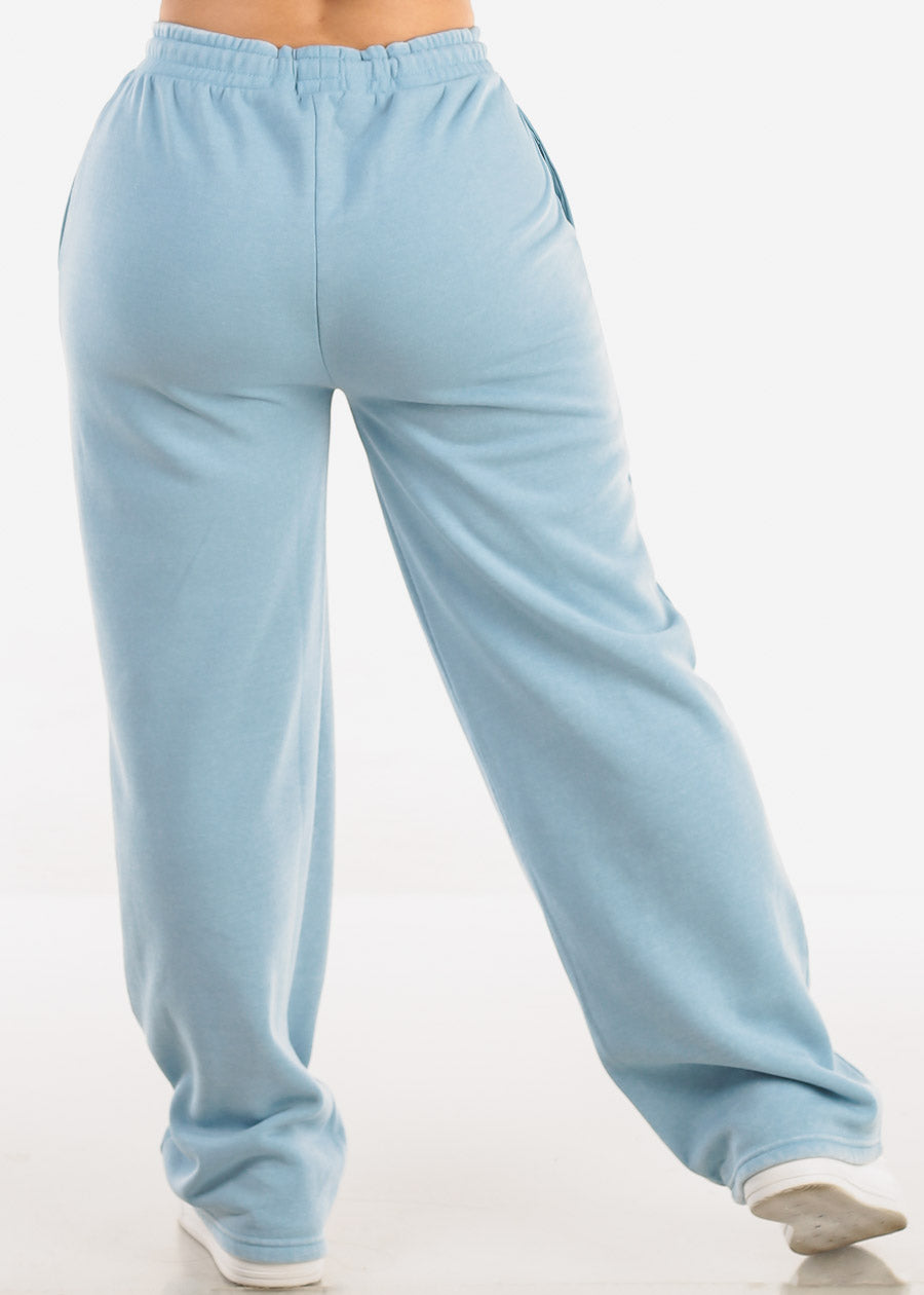 Drawstring Waist Straight Wide Leg Fleece Pants Light Blue