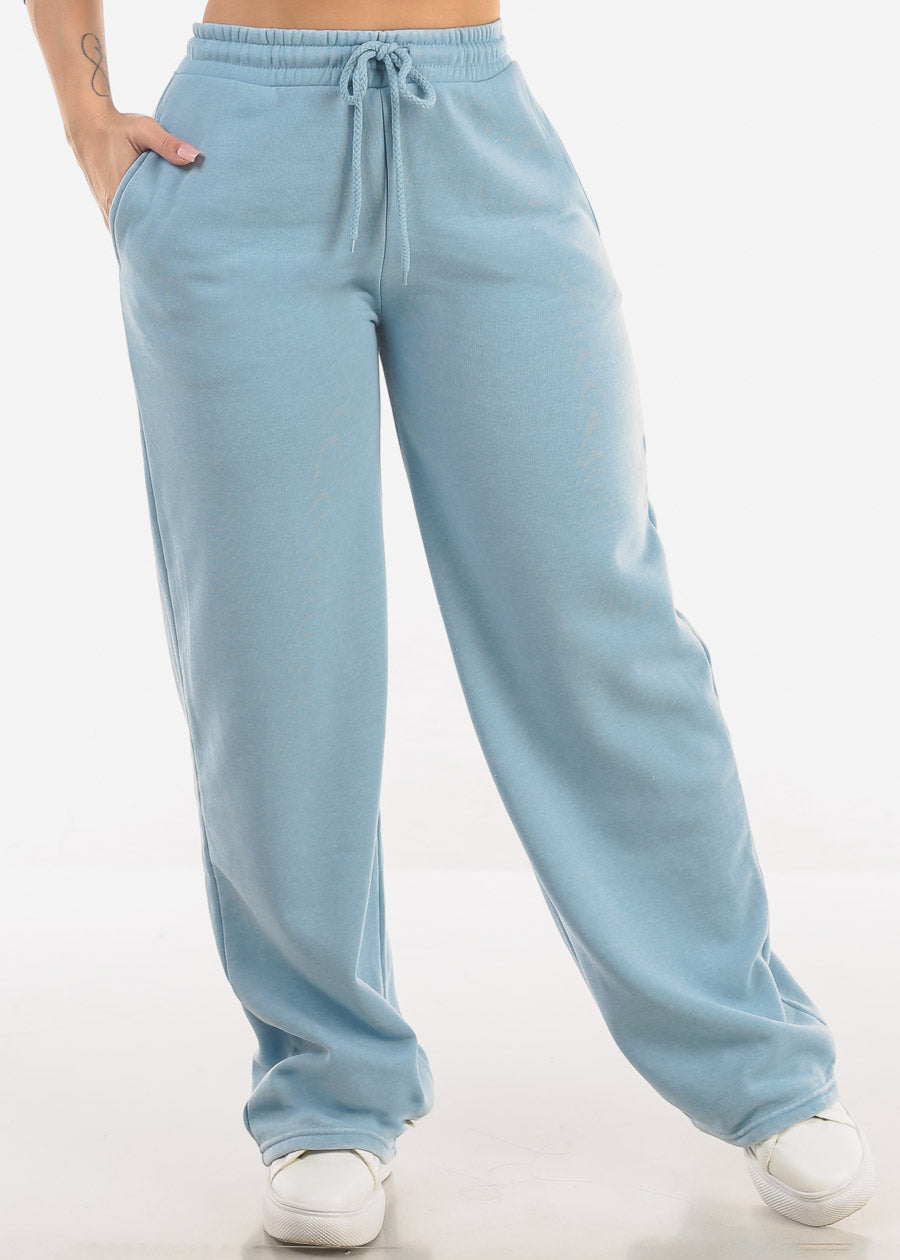 Drawstring Waist Straight Wide Leg Fleece Pants Light Blue