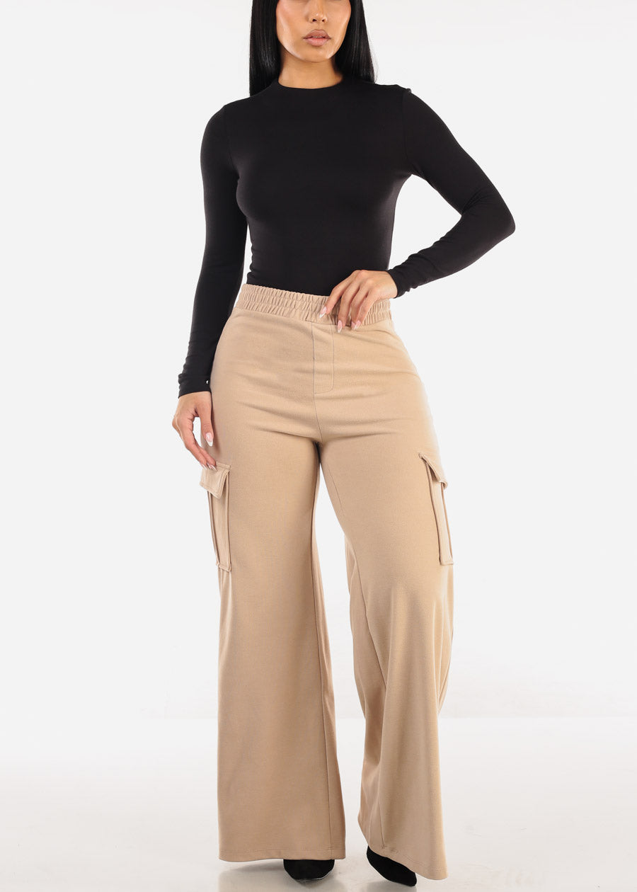 High Waist Flared Soft Cargo Pants Faded Beige