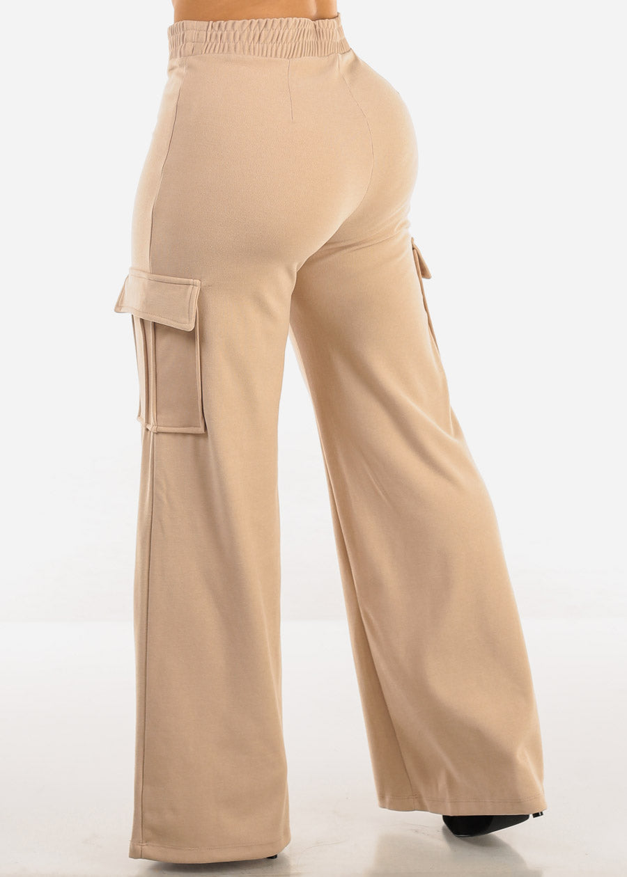 High Waist Flared Soft Cargo Pants Beige