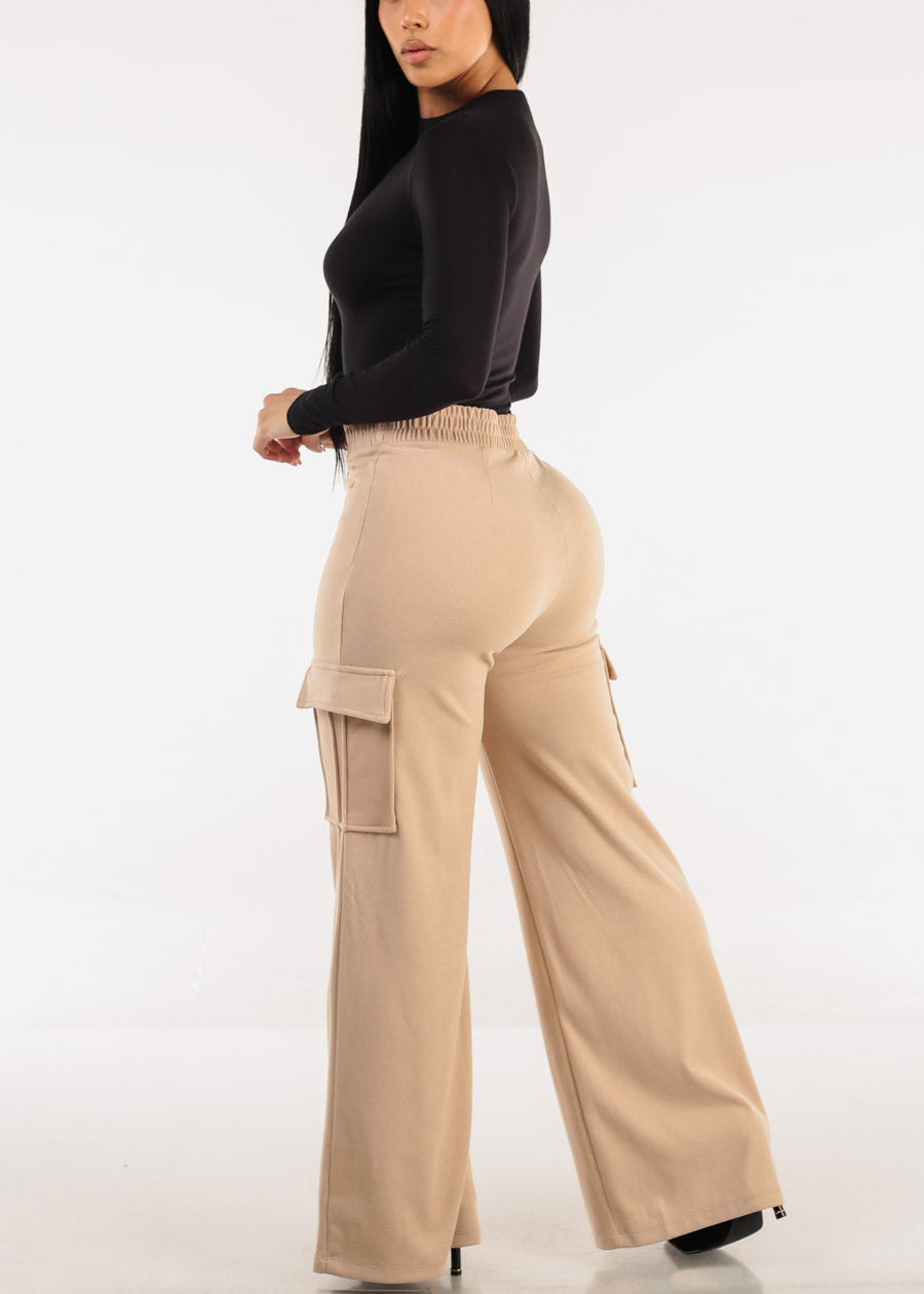 High Waist Flared Soft Cargo Pants Beige