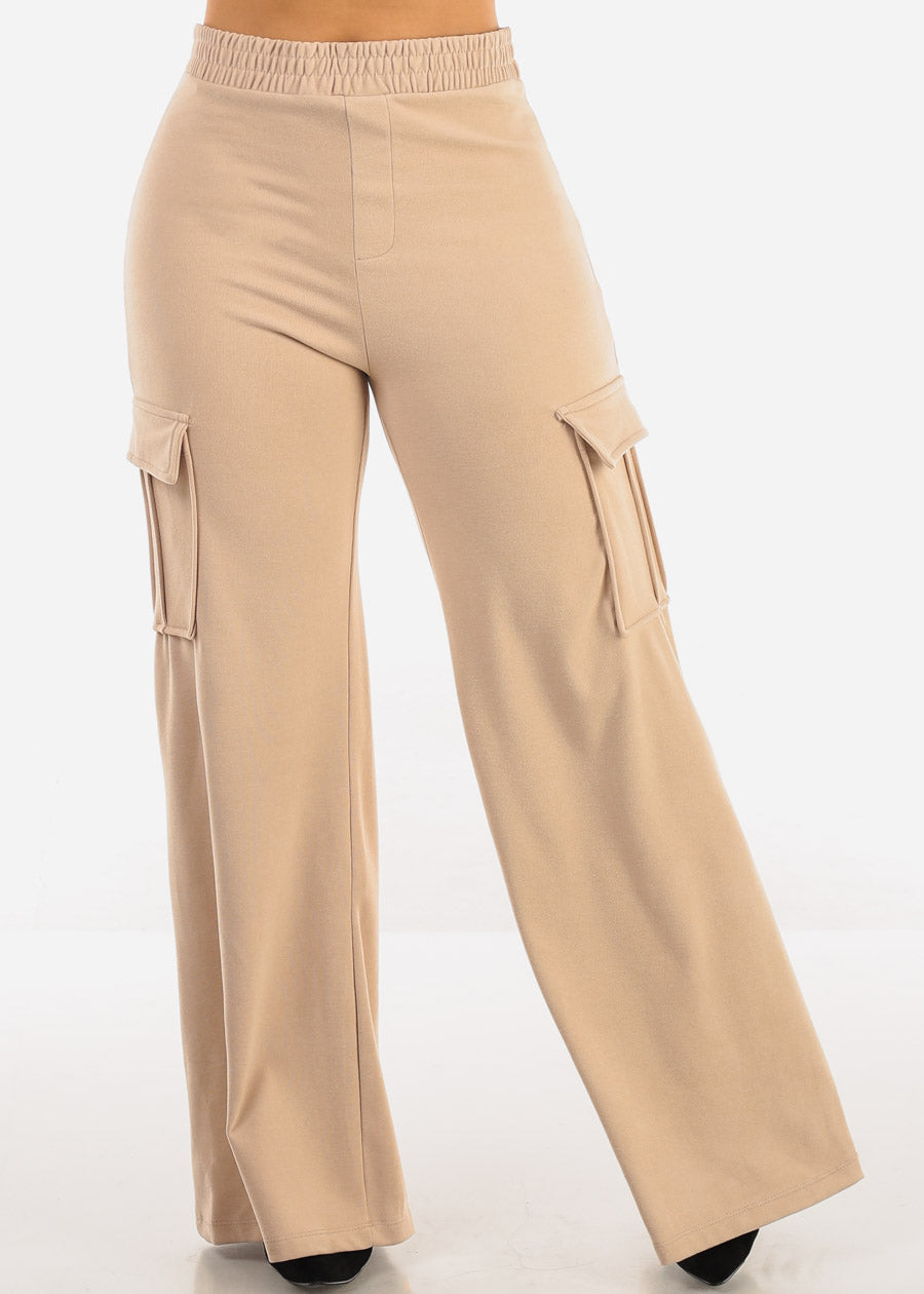 High Waist Flared Soft Cargo Pants Faded Beige