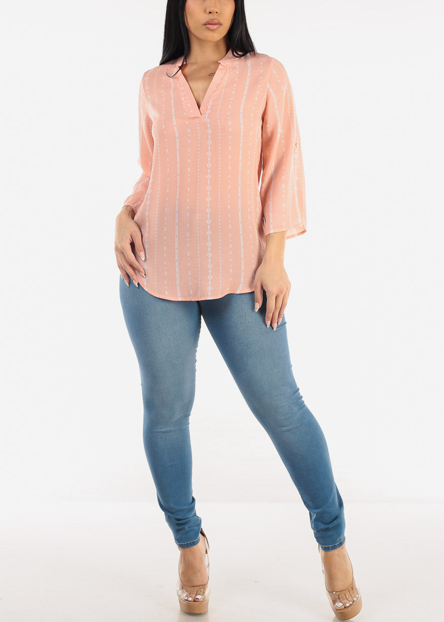 Quarter Sleeve Vneck Printed Blouse Pink