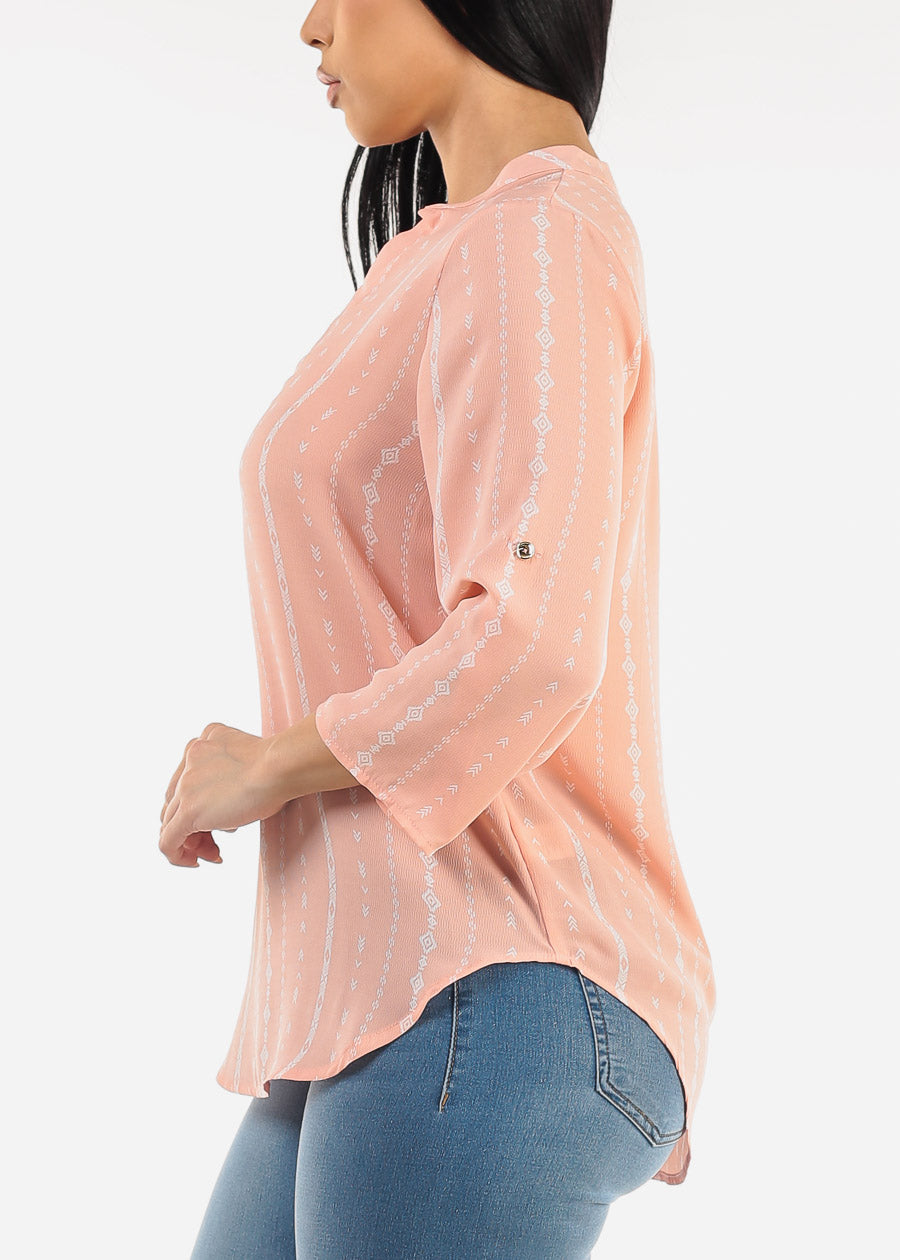 Quarter Sleeve Vneck Printed Blouse Pink