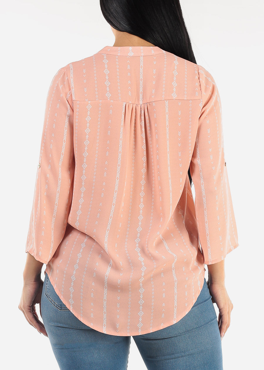 Quarter Sleeve Vneck Printed Blouse Pink