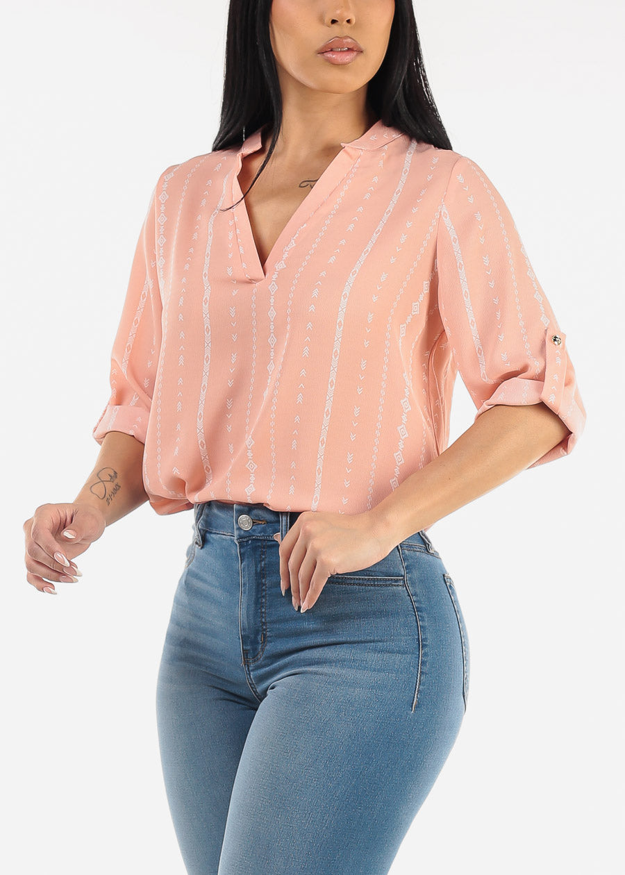 Quarter Sleeve Vneck Printed Blouse Pink