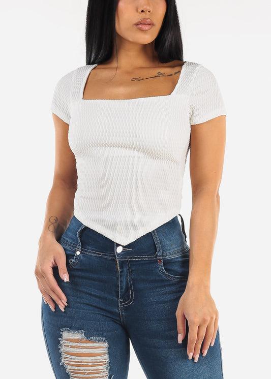 Short Sleeve Square Neck Textured Crop Top Ivory