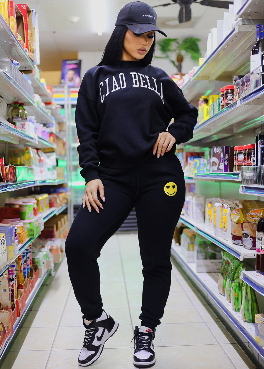 Relaxed Fit Black Fleece Sweatshirt "Ciao Bella"