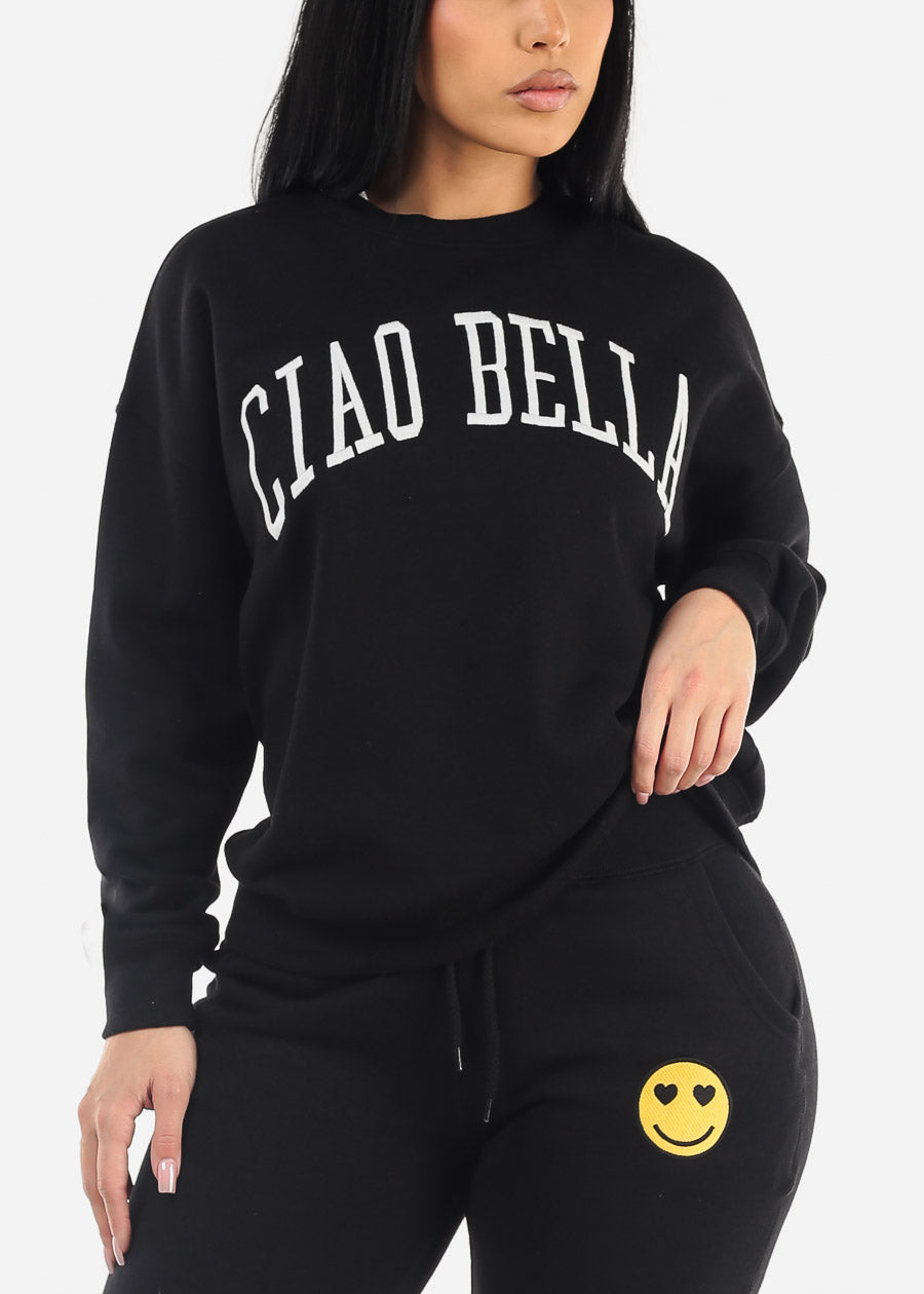 Relaxed Fit Black Fleece Sweatshirt "Ciao Bella"