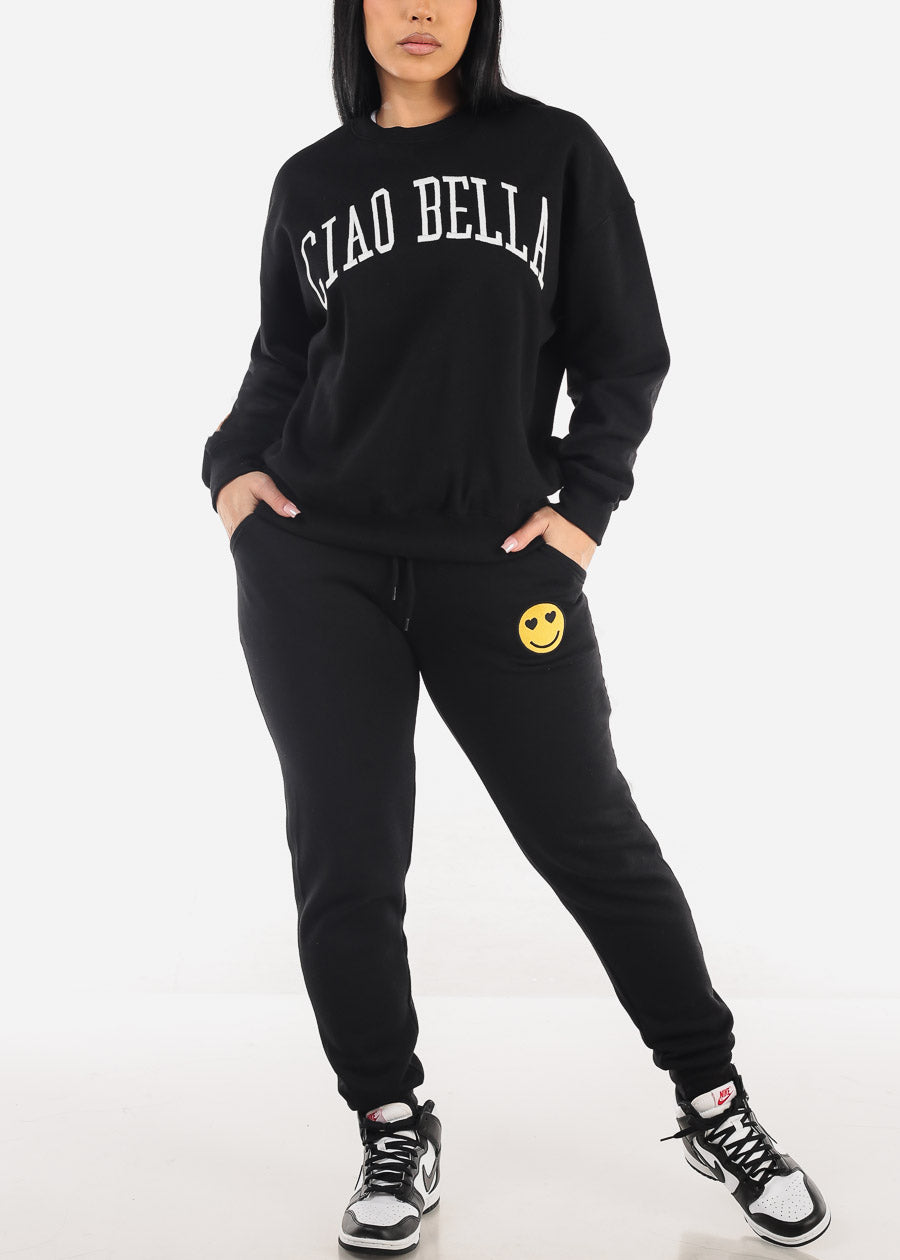 Relaxed Fit Black Fleece Sweatshirt "Ciao Bella"